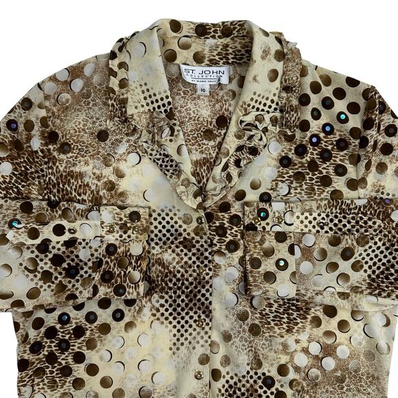 St. John Collection Blouse Sz 10 Ruffled Collar 3/4 Sleeve Marie Gray Embellish - Picture 11 of 16